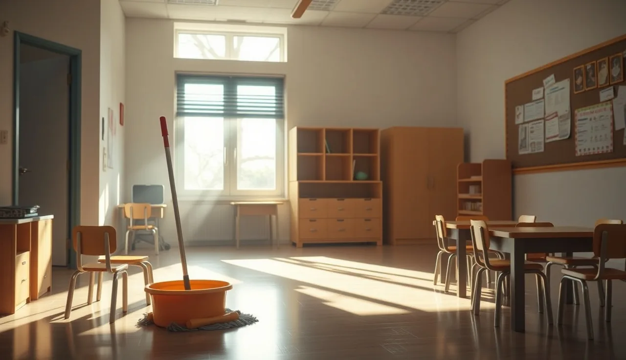 Clean preschool classroom with mop and bucket ready for daycare cleaning