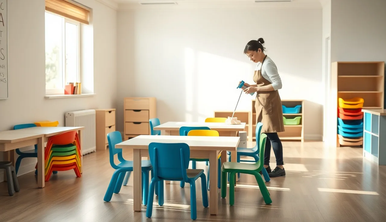 Daycare staff member cleaning and sanitizing tables in an empty preschool classroom