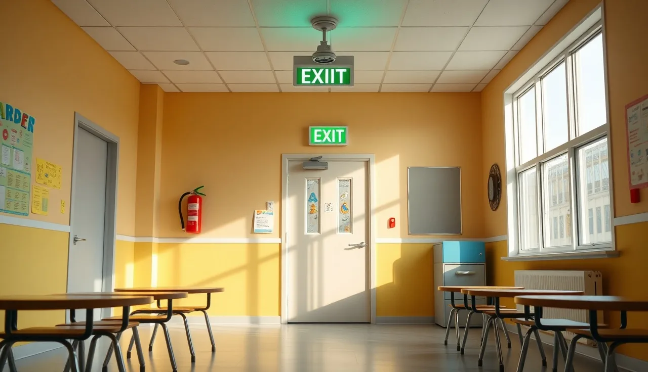 Daycare classroom with illuminated exit sign and mounted fire extinguisher on wall