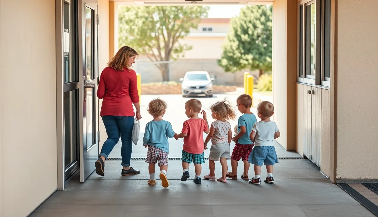 Childcare teacher leading toddlers in an evacuation drill out a building exit