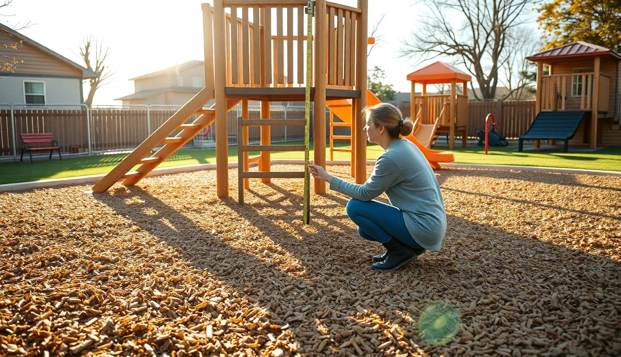 Caregiver measuring fall zone surfacing depth beneath a daycare playground climbing structure