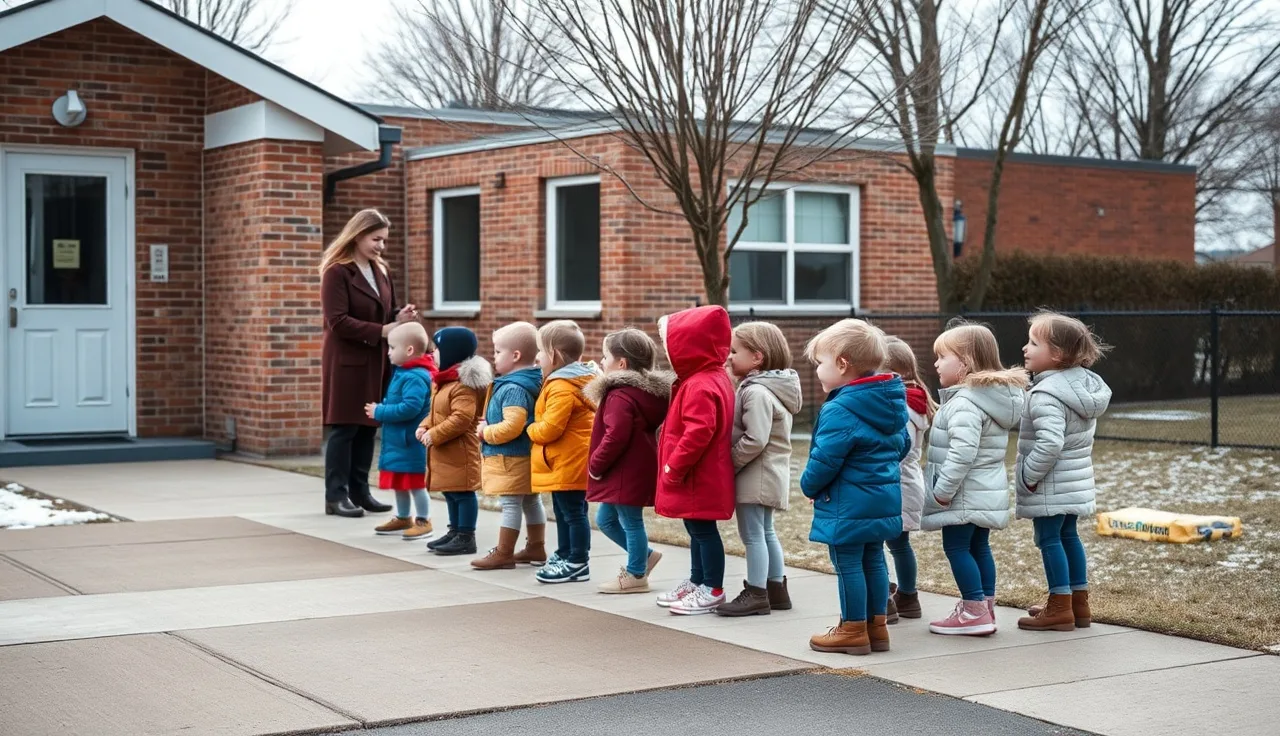 Children and teacher lined up outside daycare during a fire drill practice