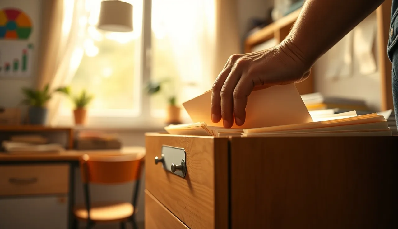 Parent placing health record folder into a labeled file drawer at daycare enrollment