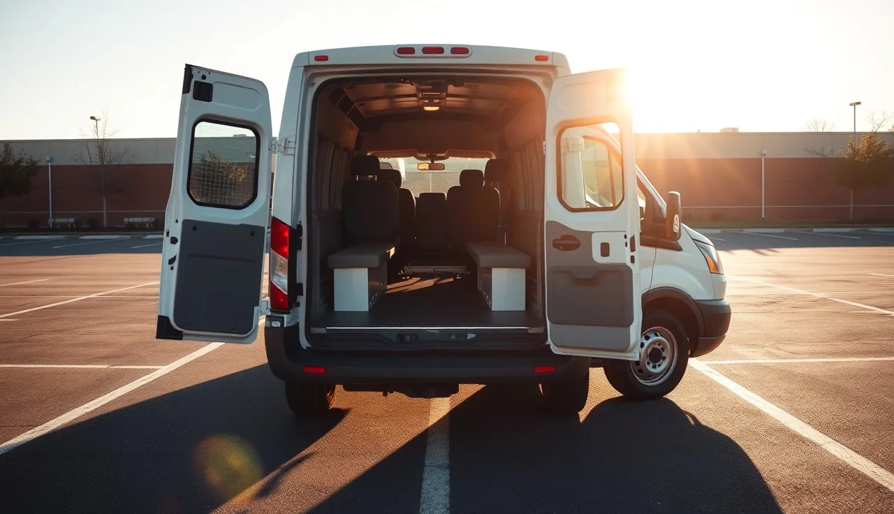 Empty daycare van with open door in morning sun, rear seats visible