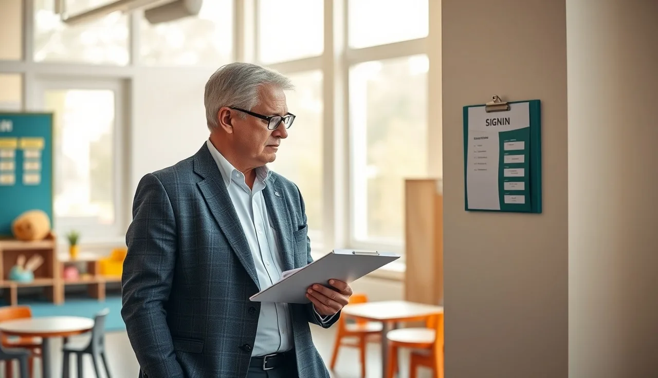 Licensing inspector reviewing childcare documentation in an empty daycare classroom