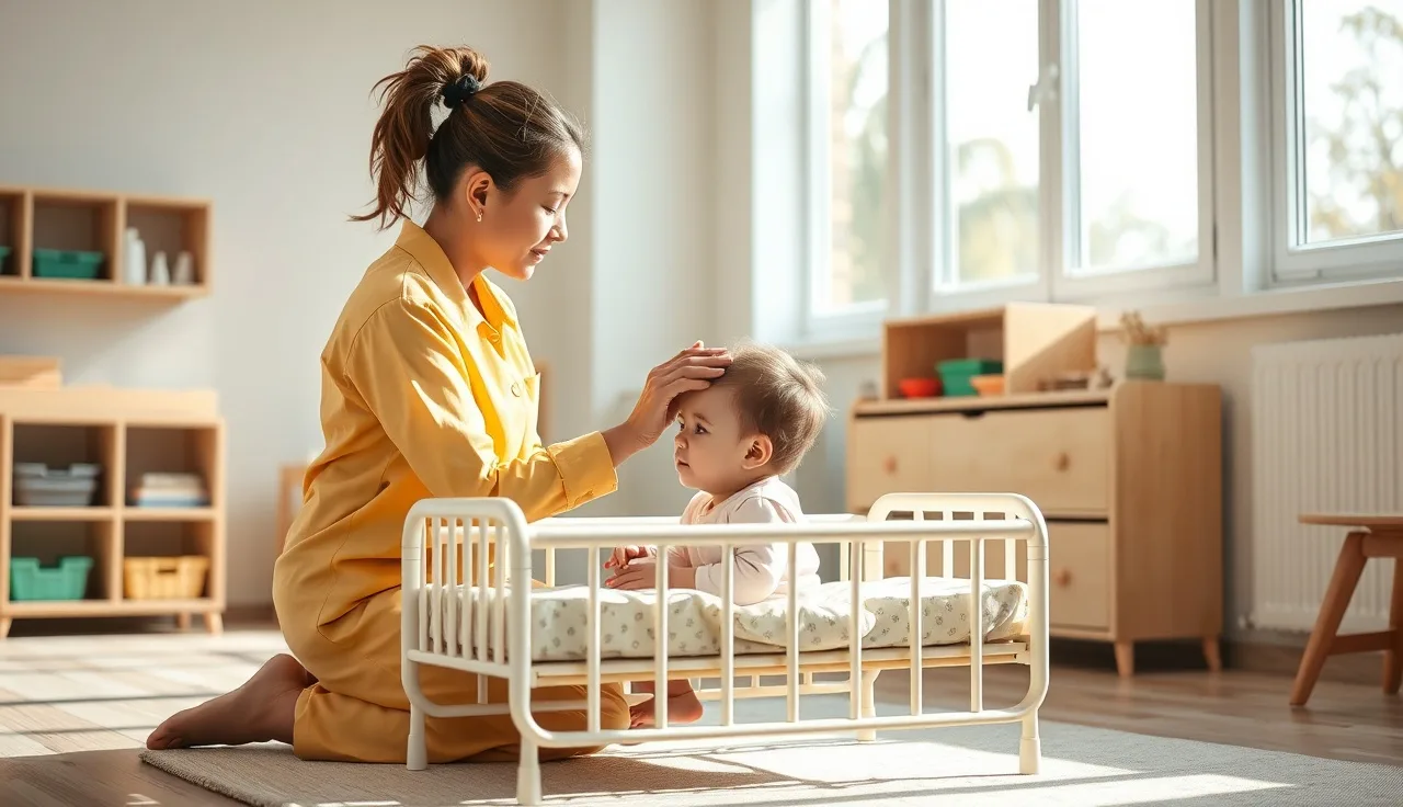 Childcare provider checking a child's temperature during illness exclusion in daycare