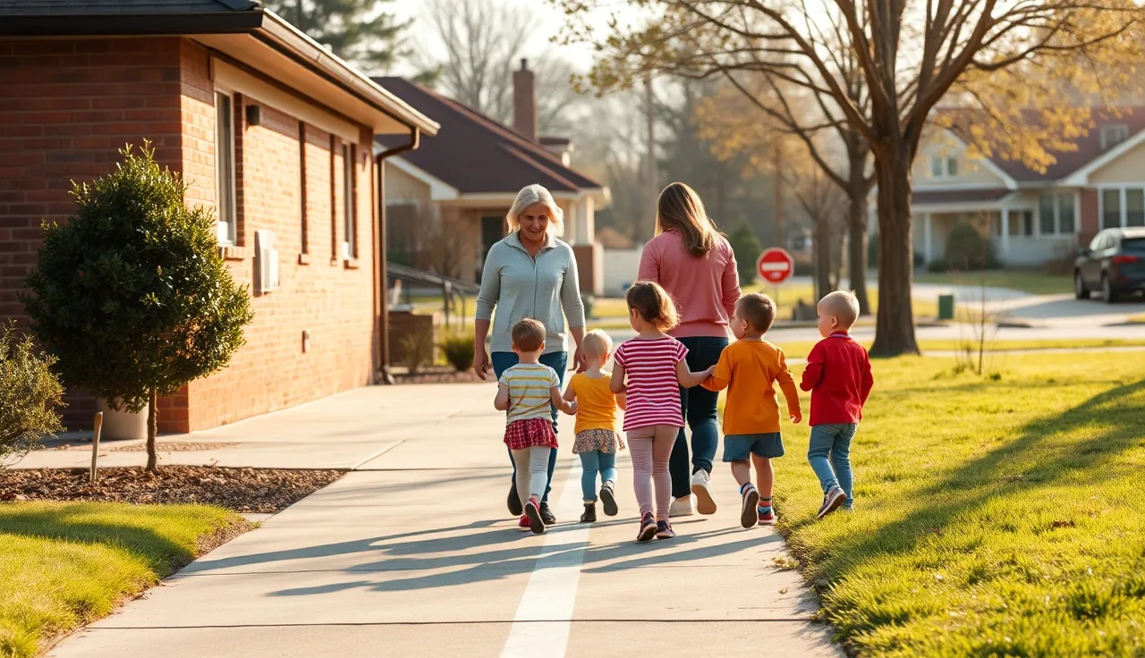 Daycare teacher leading children along an outdoor emergency evacuation path
