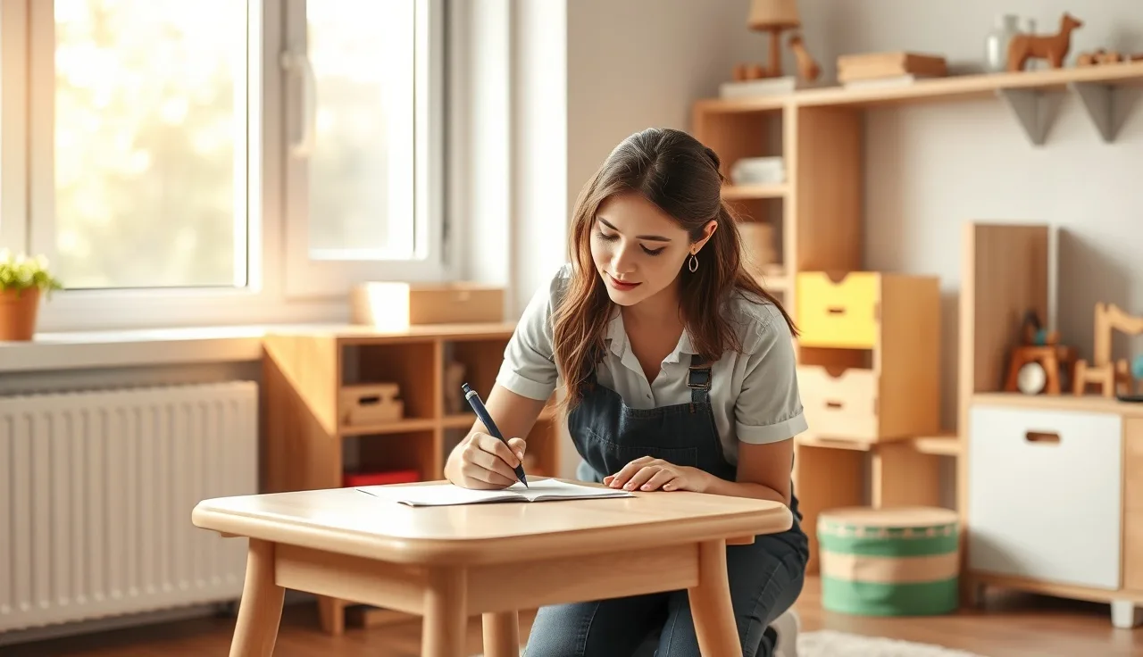 Childcare provider writing an injury incident report at a classroom table