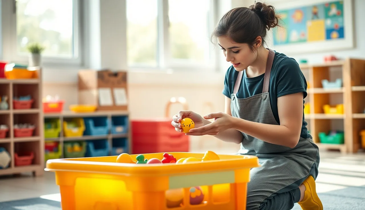 Childcare worker inspecting a toy in a daycare classroom during safety check