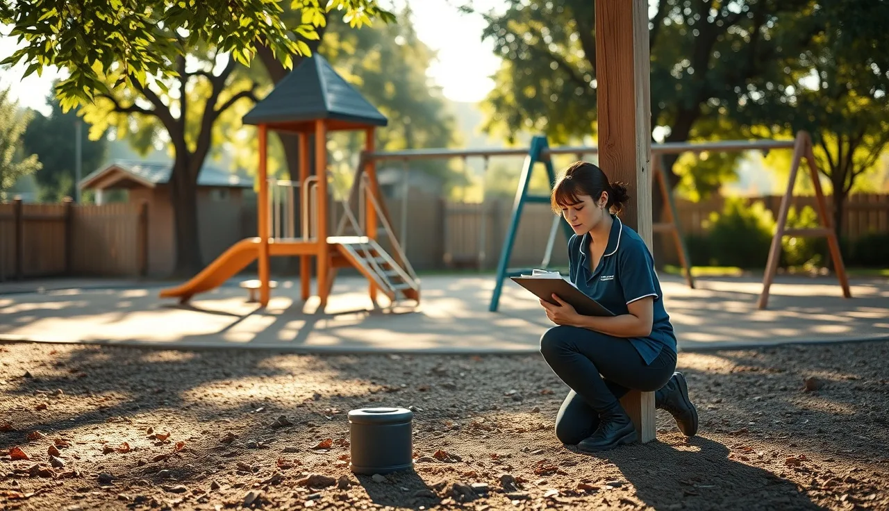 Childcare staff member inspecting playground equipment anchor during morning safety check