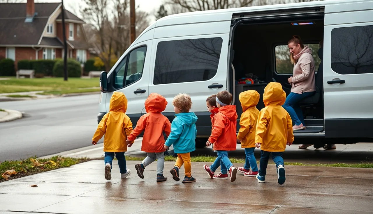 Daycare caregiver counting children boarding a white van on a field trip