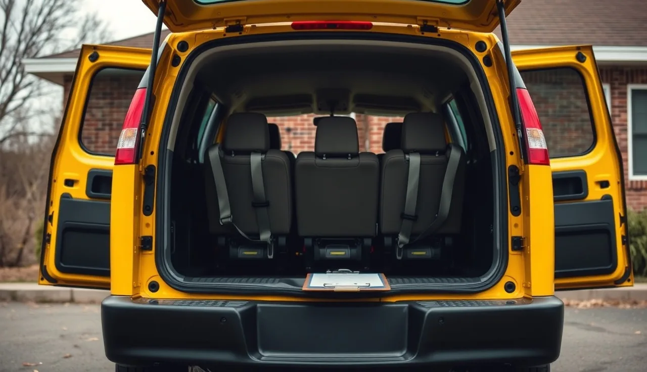 Empty daycare minivan with open rear doors showing child safety seats during inspection