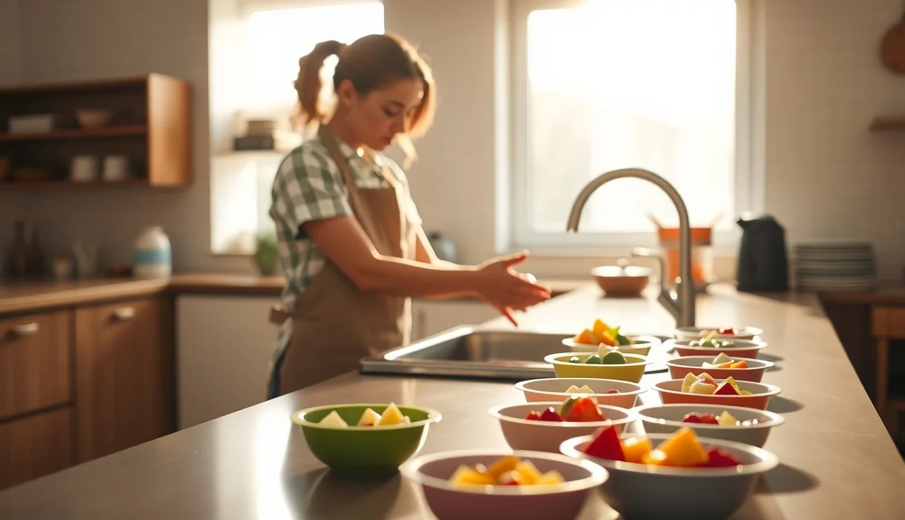 Daycare provider washing hands before preparing children's meal portions in kitchen
