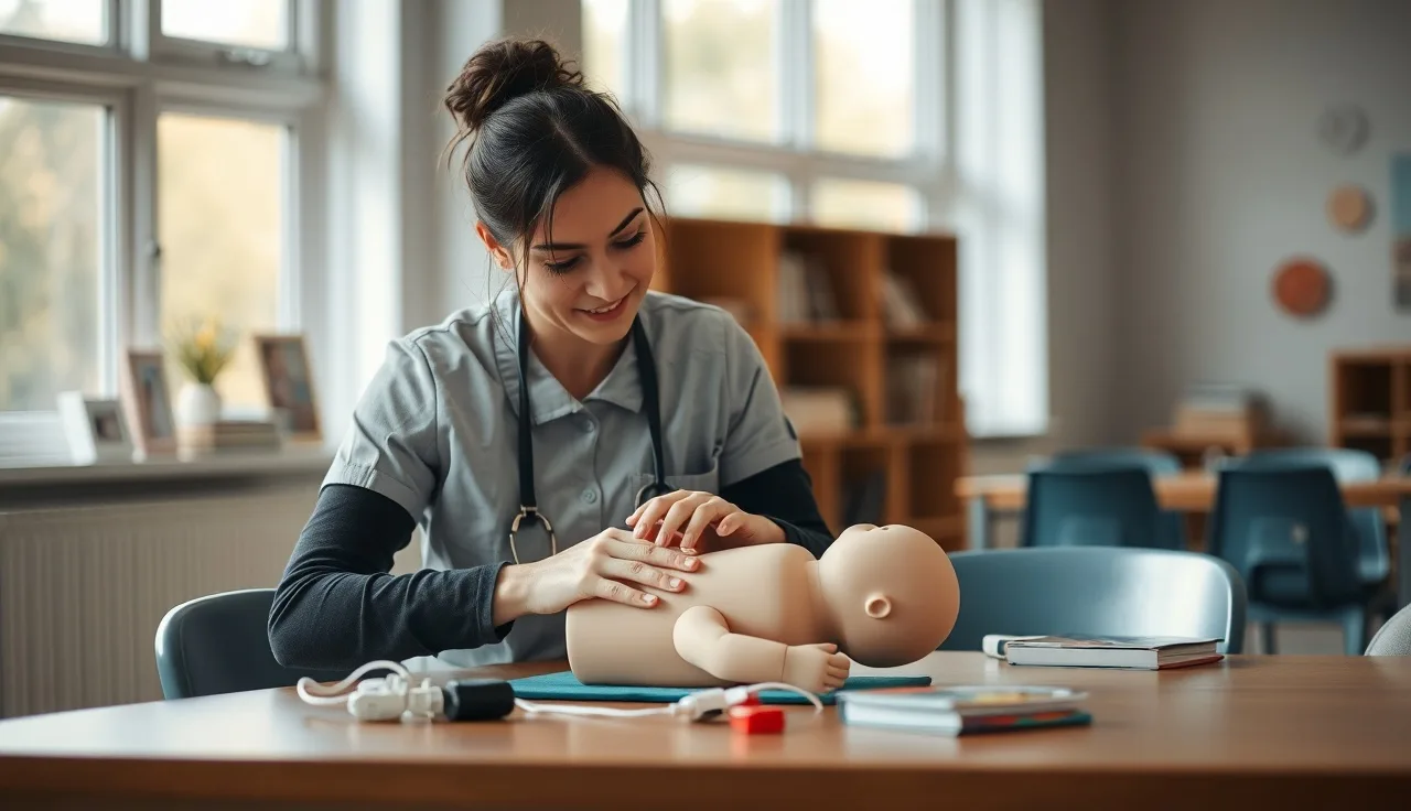 Childcare provider practicing infant CPR on a training manikin at a community center
