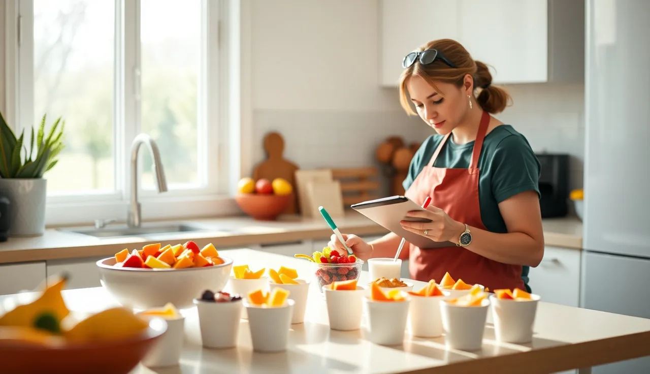 Childcare provider filling out a food production record at a kitchen counter with prepared meal portions