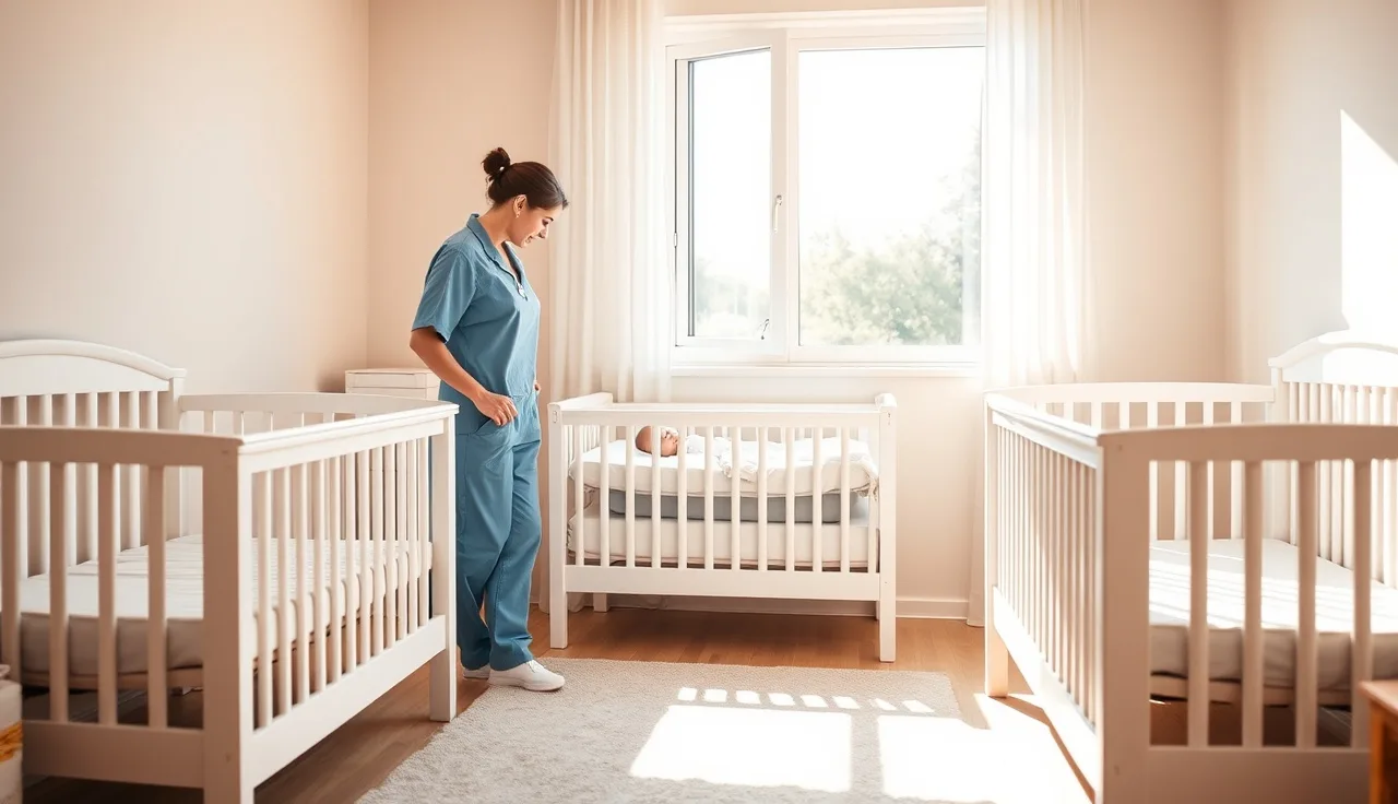 Caregiver checking sleeping infant in an empty, properly spaced crib in daycare infant room