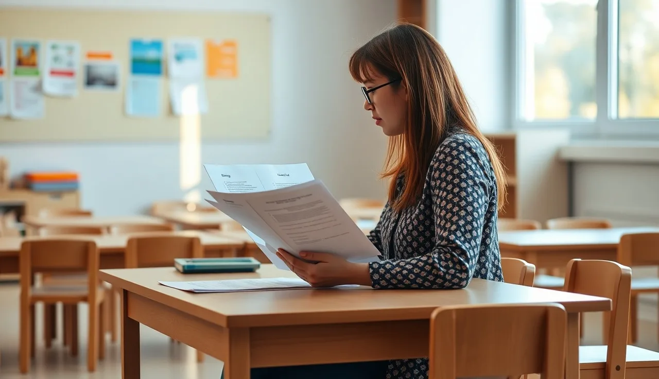 Childcare director reviewing child abuse prevention policy documents at a classroom desk