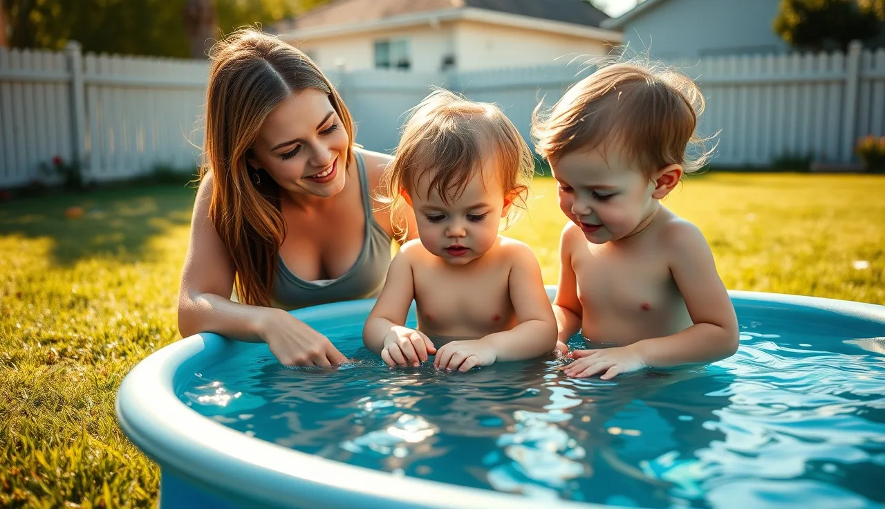 Caregiver supervising two toddlers in a shallow wading pool outdoors