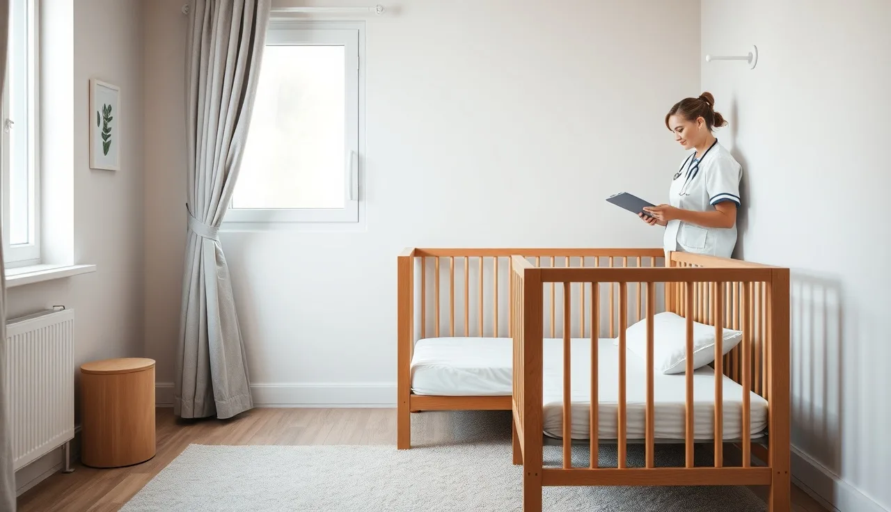 Empty cribs in a daycare infant sleep room, caregiver documenting safe sleep checks