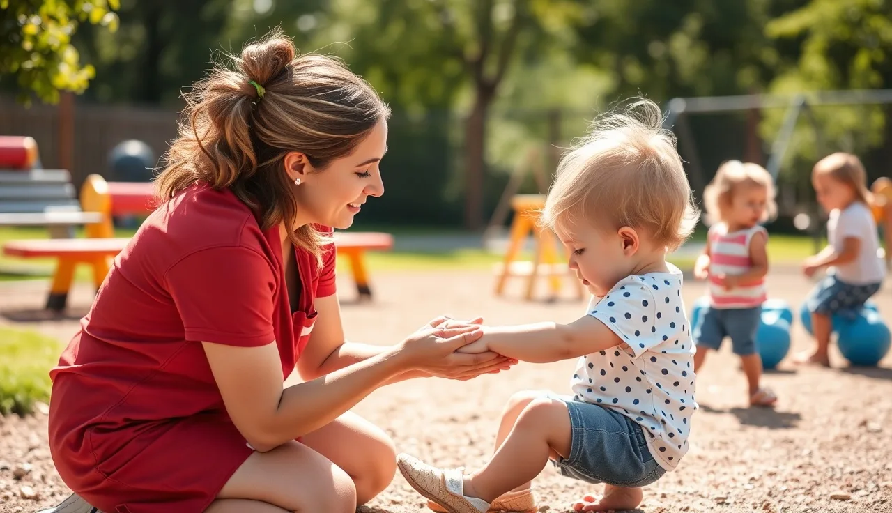 Childcare worker applying insect repellent to a child's arm outdoors at daycare