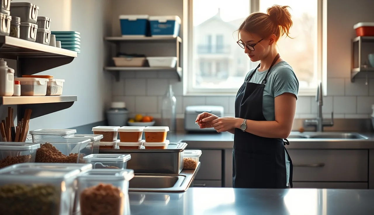 Childcare kitchen worker labeling food containers at a stainless prep counter
