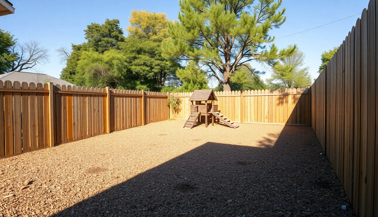 Fenced daycare outdoor play area with mulch surfacing around a small climbing structure