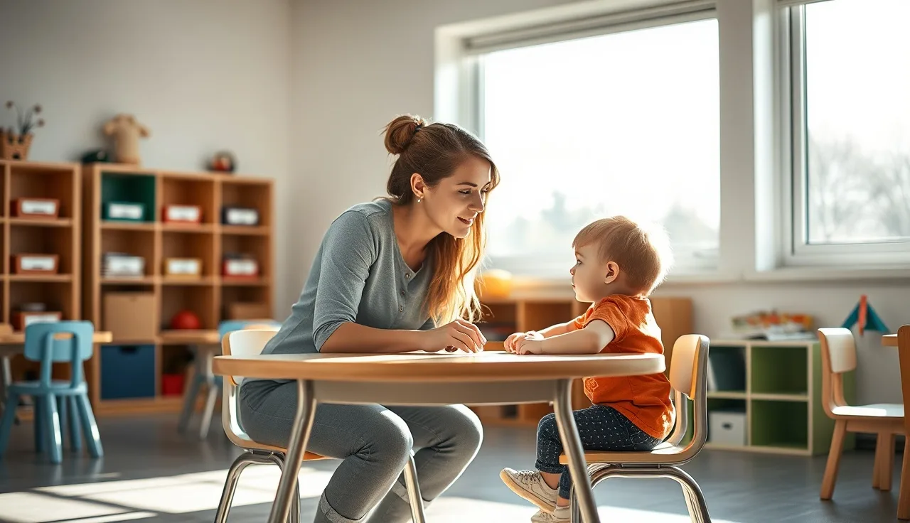 Childcare teacher listening closely to a young child at a classroom table