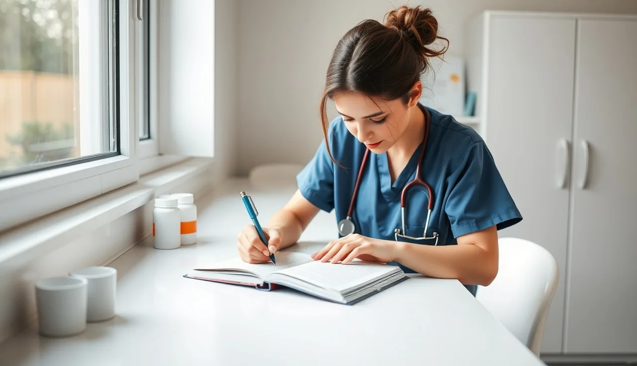 Childcare provider documenting medication administration in a paper log at a daycare