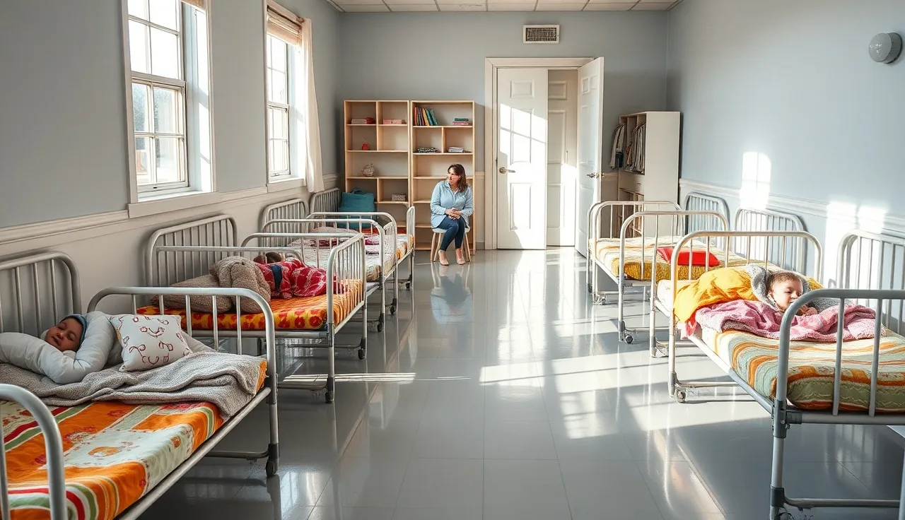 Evenly spaced napping cots with sleeping toddlers in a licensed daycare room