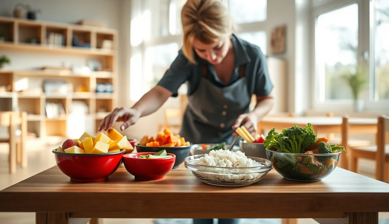 Teacher setting out portioned meal bowls on a low daycare dining table