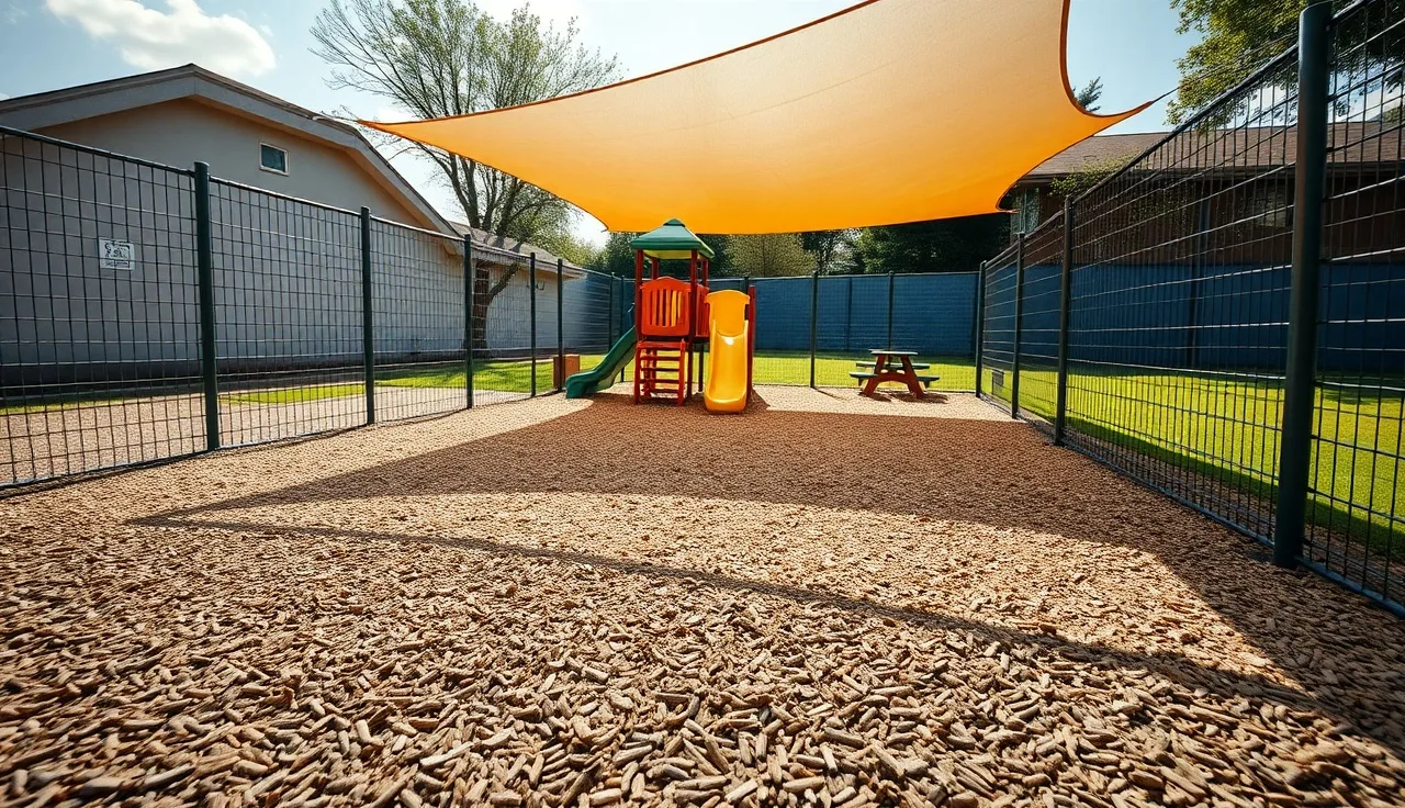 Fenced outdoor play yard at a licensed daycare with climbing structure and wood chip surfacing