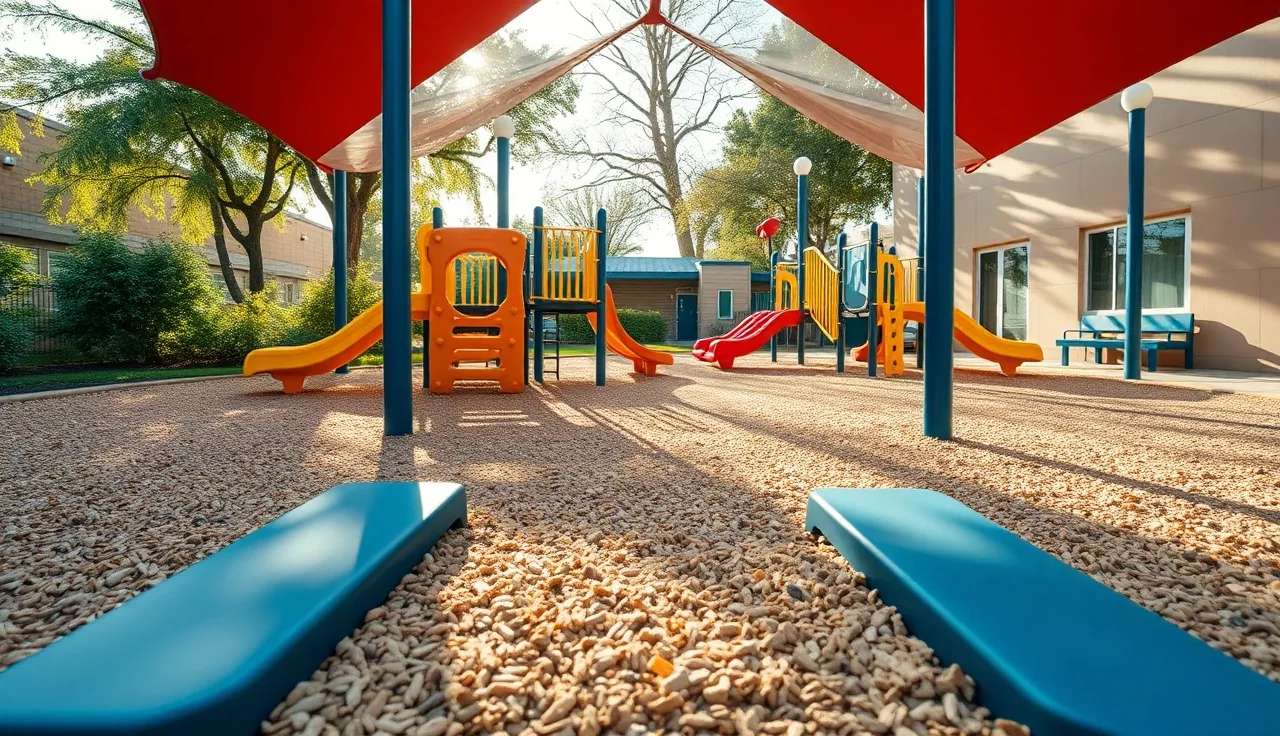 Empty childcare playground with wood chip surfacing under commercial climbing equipment