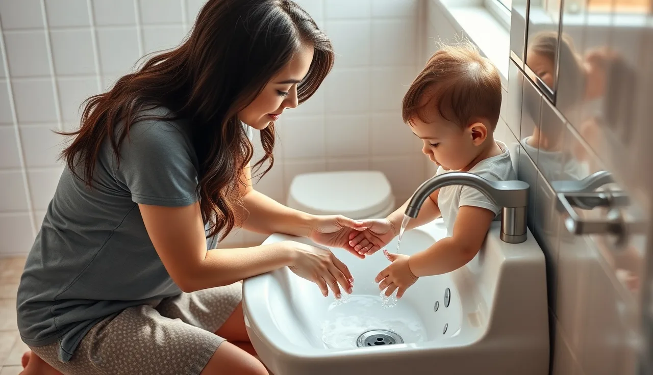 Childcare provider helping a young child wash hands at a daycare sink