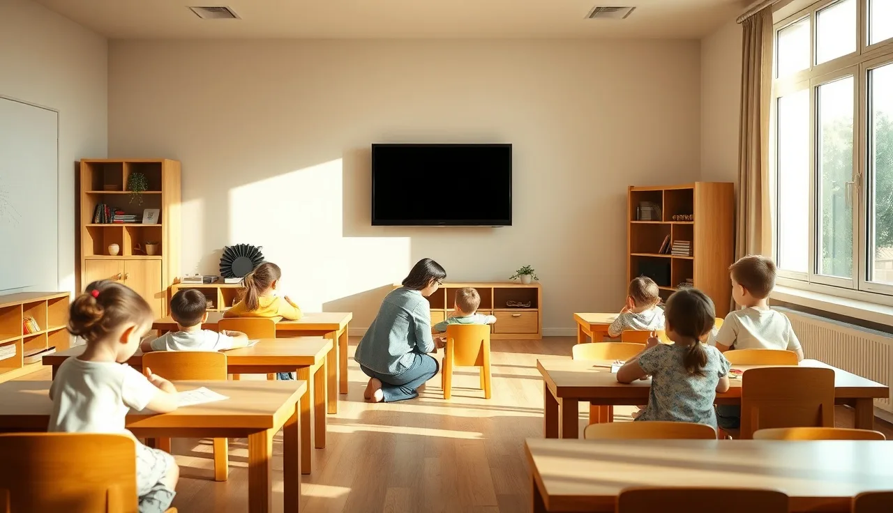 Preschool children doing art at tables while teacher assists, no screens visible