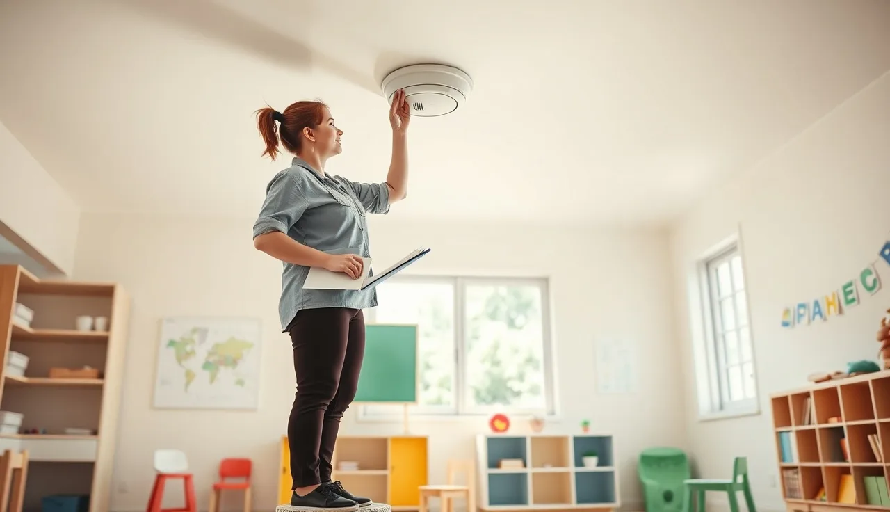A childcare provider testing a smoke detector on a daycare room ceiling