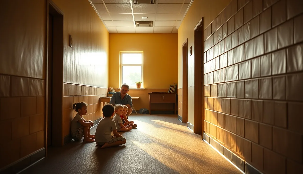 Children and staff sheltering in an interior hallway during a tornado drill at a childcare center
