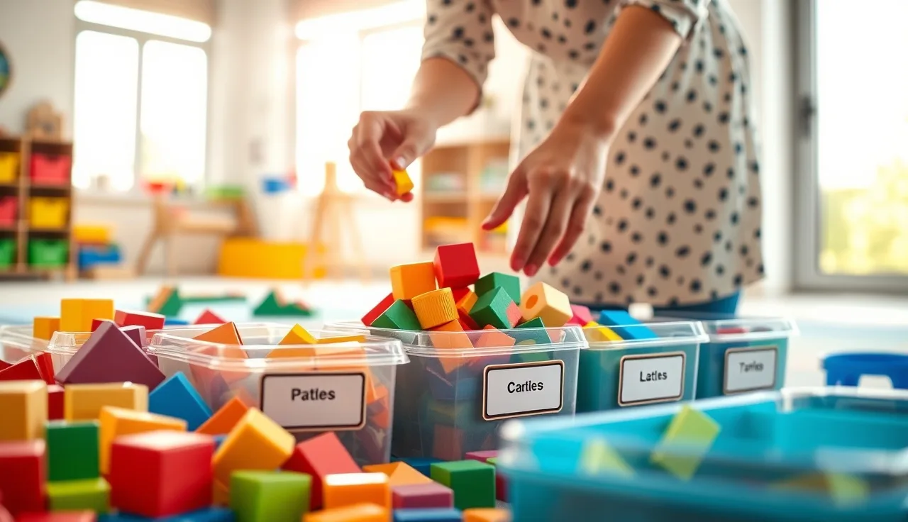 Teacher sorting and inspecting colorful daycare toys on a classroom floor
