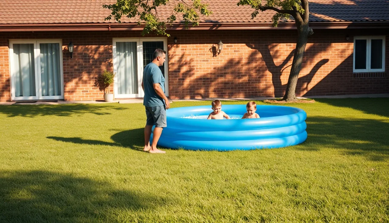 Toddlers playing in a shallow wading pool at a licensed daycare outdoor play area
