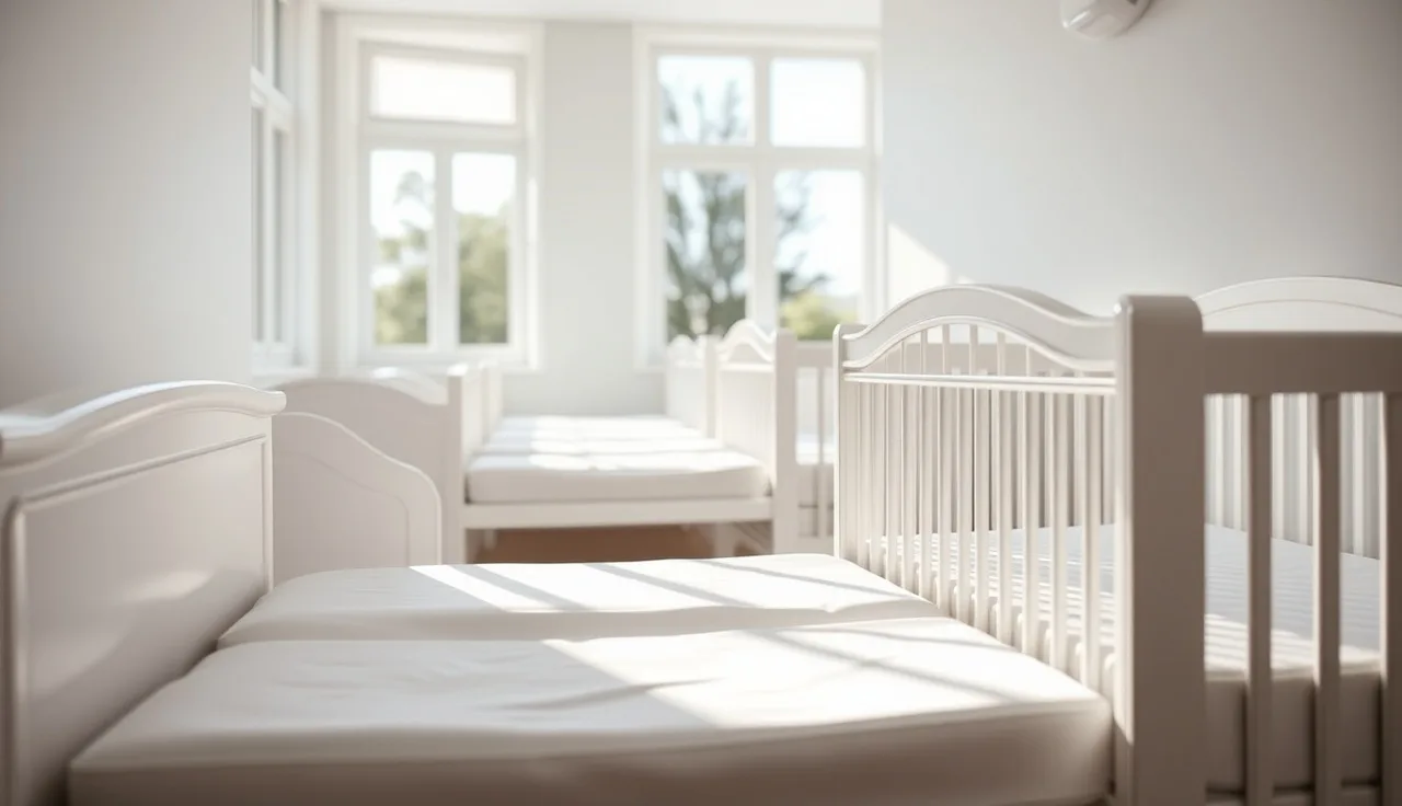 Row of compliant white wooden cribs in a licensed daycare infant room