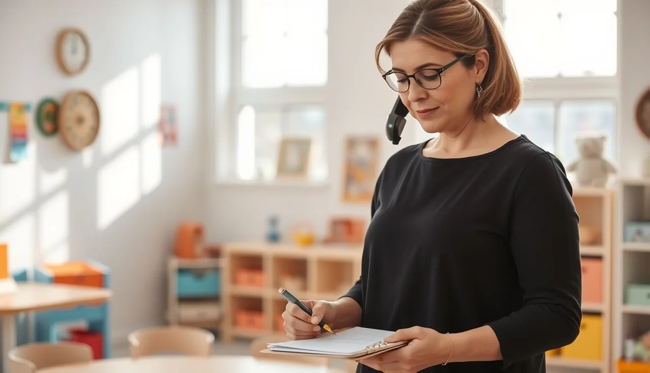 Daycare director writing incident notes by a telephone, ready to report to licensing