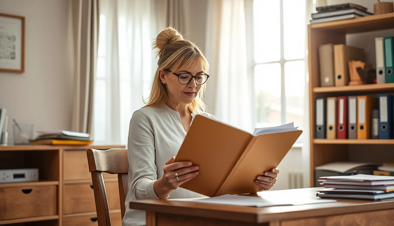 Childcare provider reviewing immunization records in an organized home office