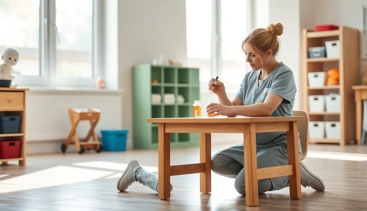 Daycare staff member carefully measuring liquid medication for a child in classroom