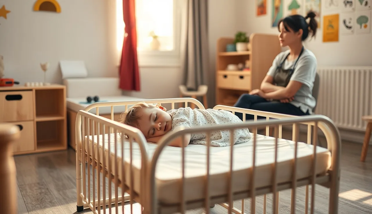 Child resting on a cot in daycare room while a caregiver watches nearby