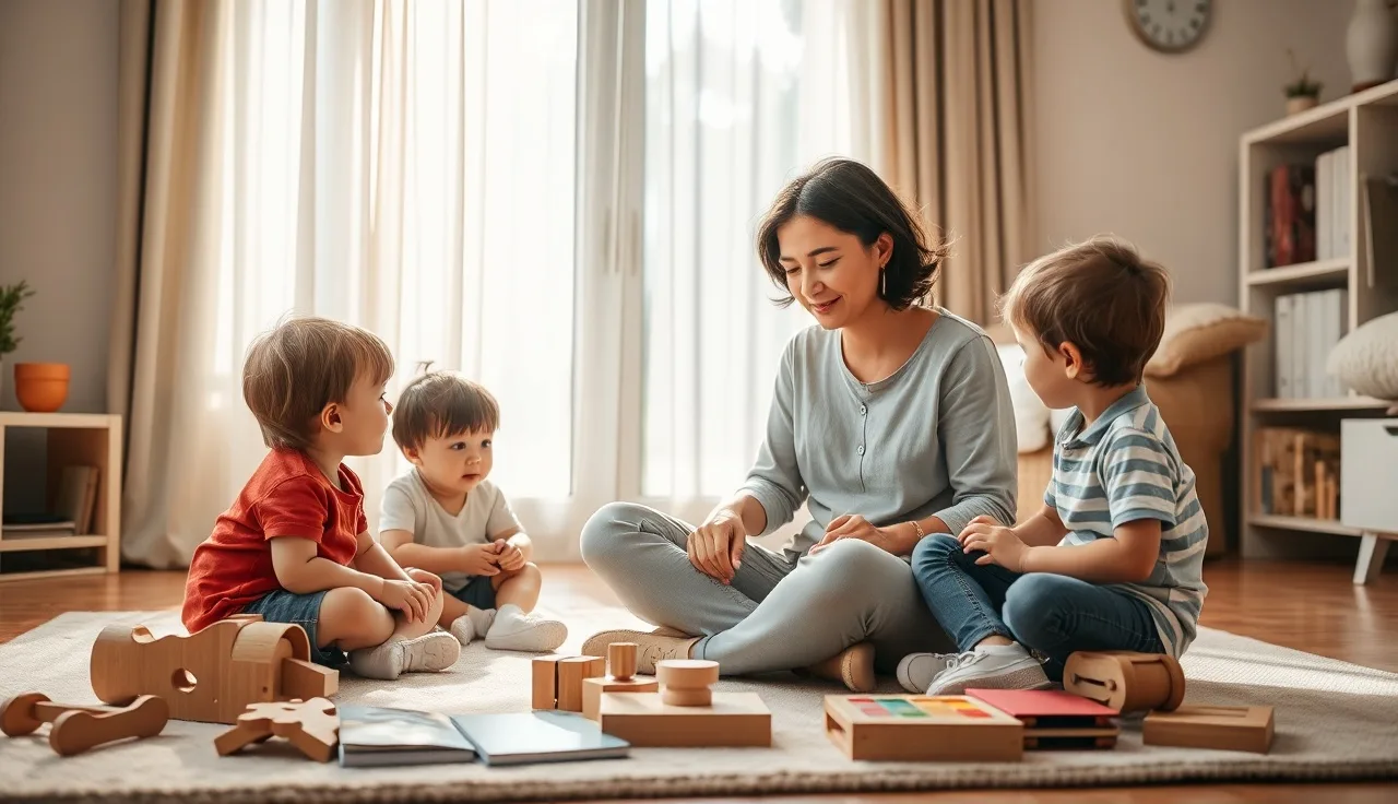 Family child care provider playing with toddlers in a sunlit home daycare setting