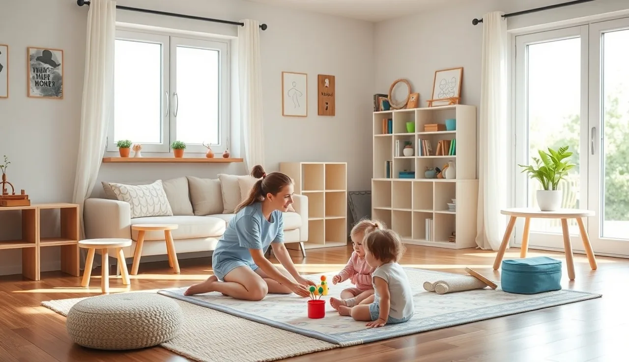 Caregiver supervising toddlers in a licensed family child care home play area