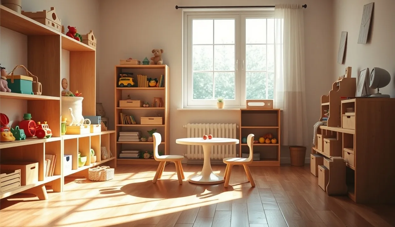 Sunlit home daycare playroom with wooden shelves, small chairs, and toys