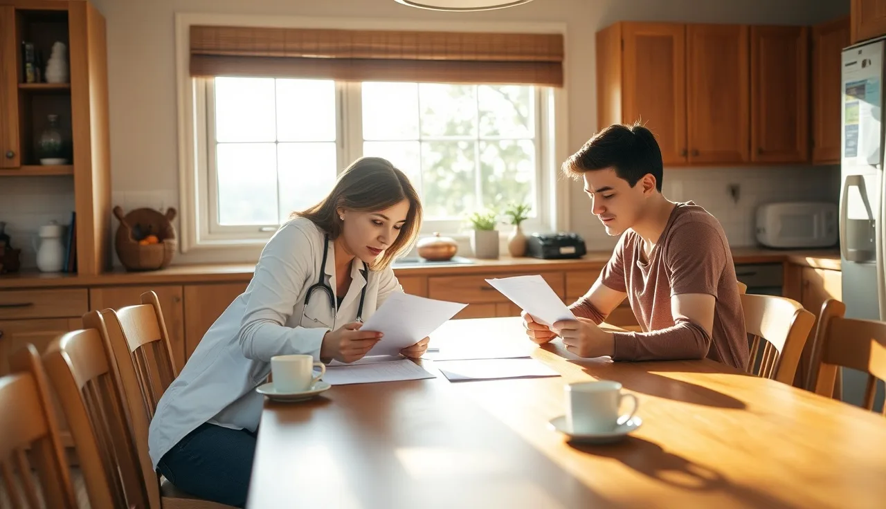 A daycare provider and parent reviewing a contract together at a kitchen table
