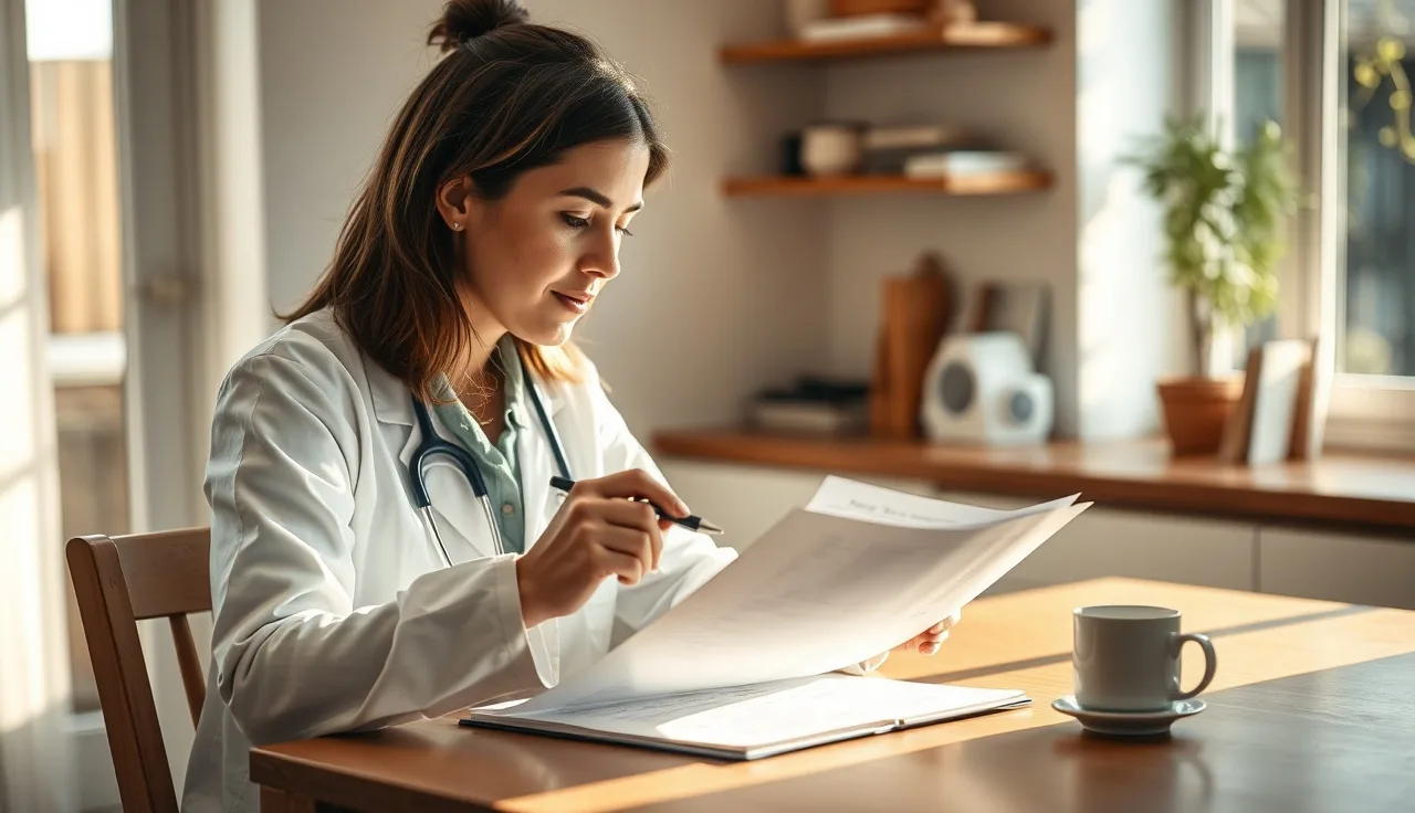 Home daycare provider reviewing a contract at a kitchen table in morning light