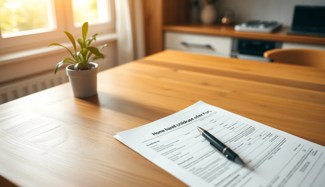 Pen resting on a printed daycare enrollment contract on a kitchen table