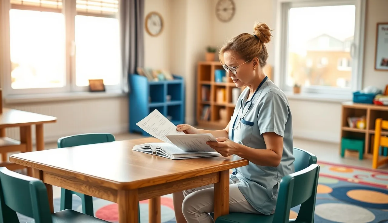 Daycare provider reviewing printed photo consent paperwork at a classroom table